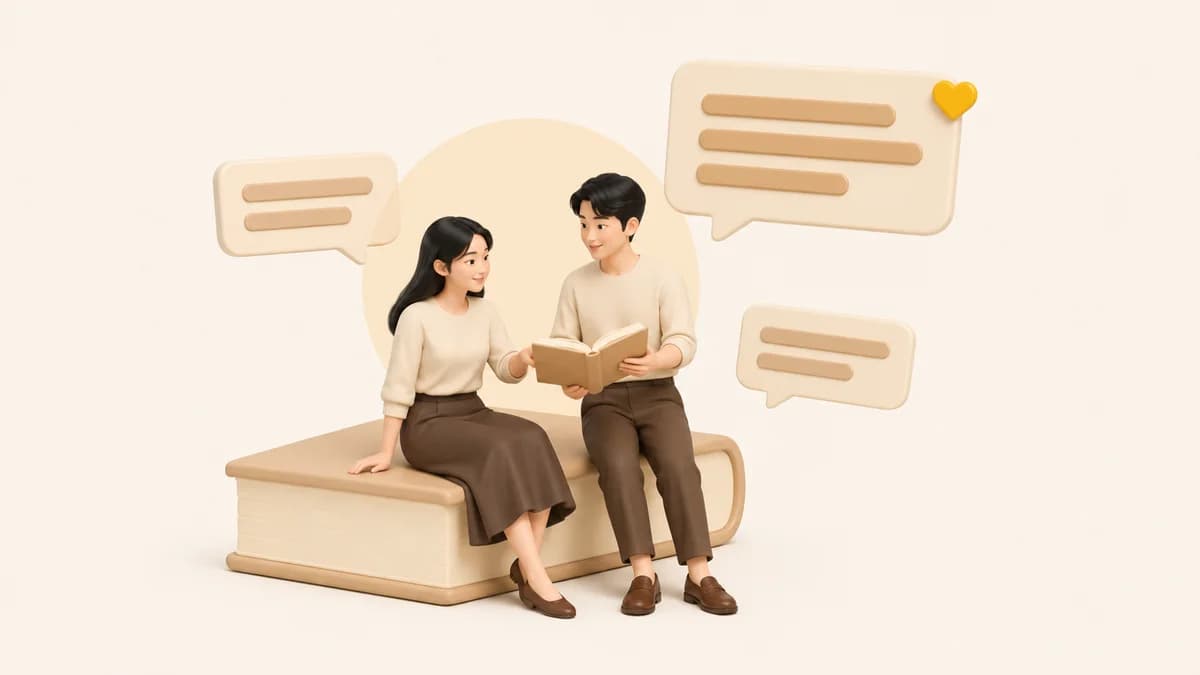 นักอ่านสองคนนั่งคุยกันบนหนังสือเล่มใหญ่