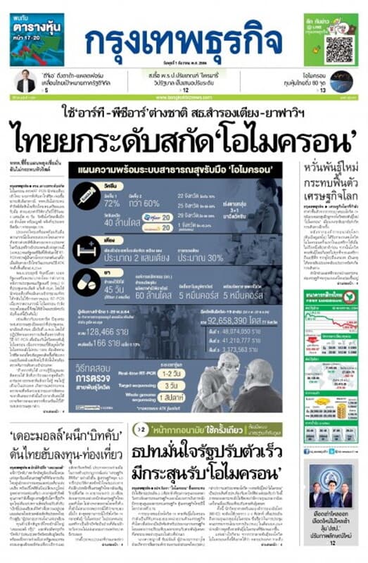 ปกหนังสือ หนังสือพิมพ์กรุงเทพธุรกิจ วันพุธที่ 1 ธันวาคม พ.ศ. 2564