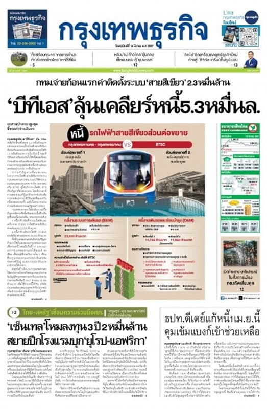 ปกหนังสือ หนังสือพิมพ์กรุงเทพธุรกิจ วันพฤหัสบดีที่ 14 มีนาคม พ.ศ. 2567