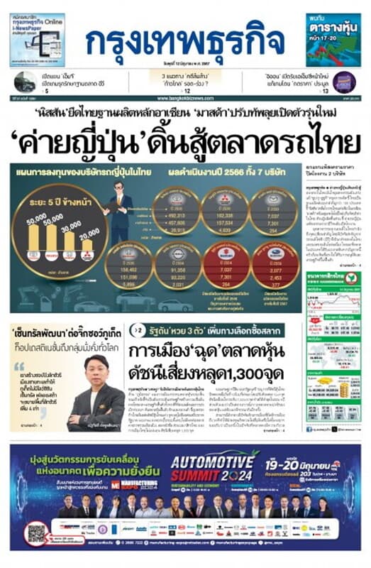ปกหนังสือ หนังสือพิมพ์กรุงเทพธุรกิจ วันพุธที่ 12 มิถุนายน พ.ศ. 2567