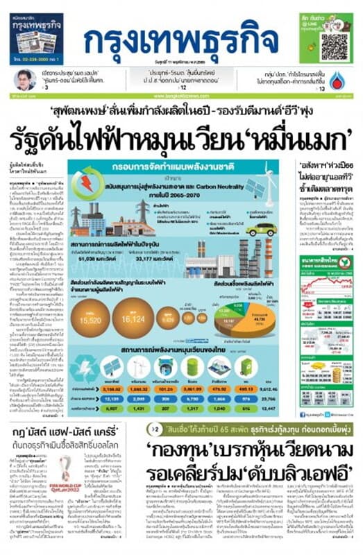ปกหนังสือ หนังสือพิมพ์กรุงเทพธุรกิจ วันศุกร์ที่ 11 พฤศจิกายน พ.ศ. 2565