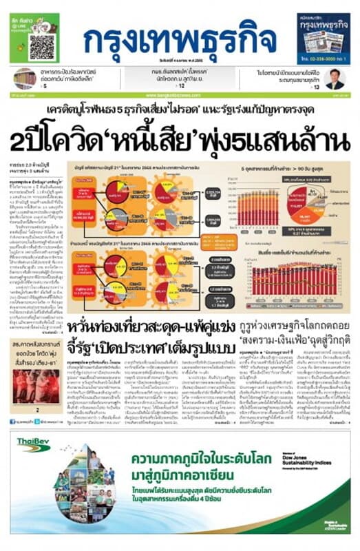 ปกหนังสือ หนังสือพิมพ์กรุงเทพธุรกิจ วันจันทร์ที่ 4 เมษายน พ.ศ. 2565