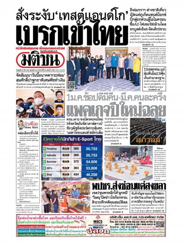 ปกหนังสือ หนังสือพิมพ์มติชน วันพุธที่ 22 ธันวาคม พ.ศ. 2564
